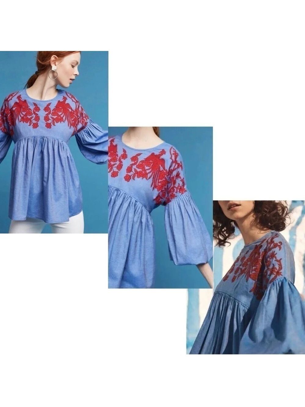 Anthropologie Hemant & Nandita Women's blue red Embroidered Lianna Top Blouse S